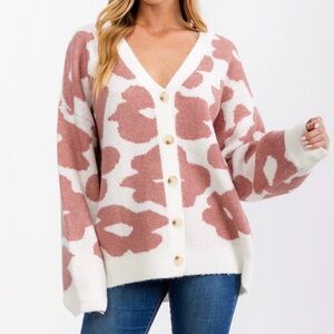 NWT Bibi oversized button up flower cardigan sweater | Size M | pink, white
